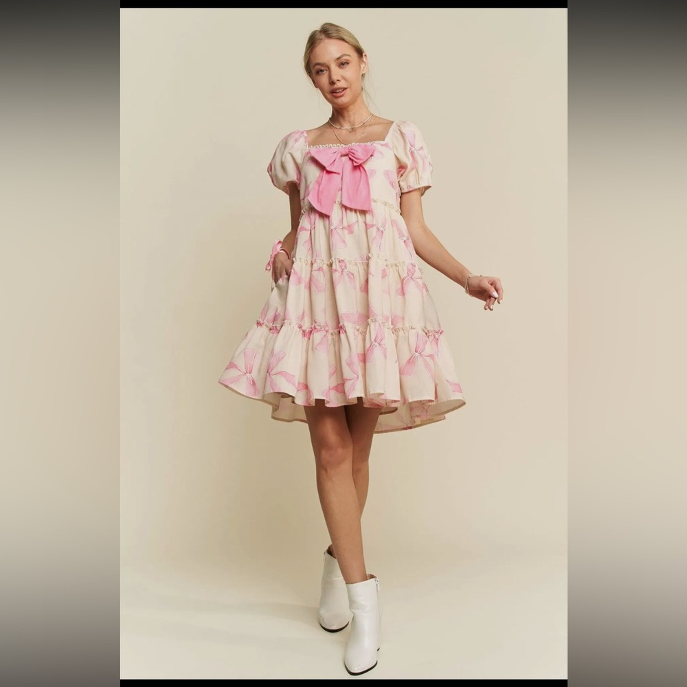 Pink Bow Puff Sleeve Dress - Picture 8 of 10